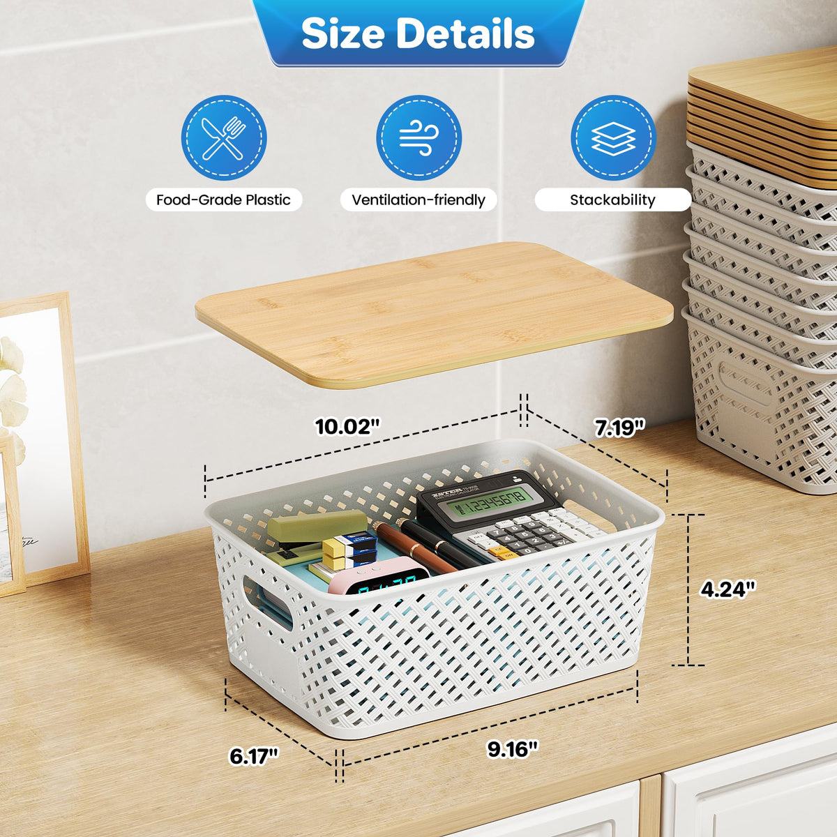 Anysig 8 Packs Plastic Storage Bins with Bamboo Lids - Stackable Storage Bins Decorative Small Basket Containers for Organizing Shelves Office Classroom Desktop Closet, Cream White