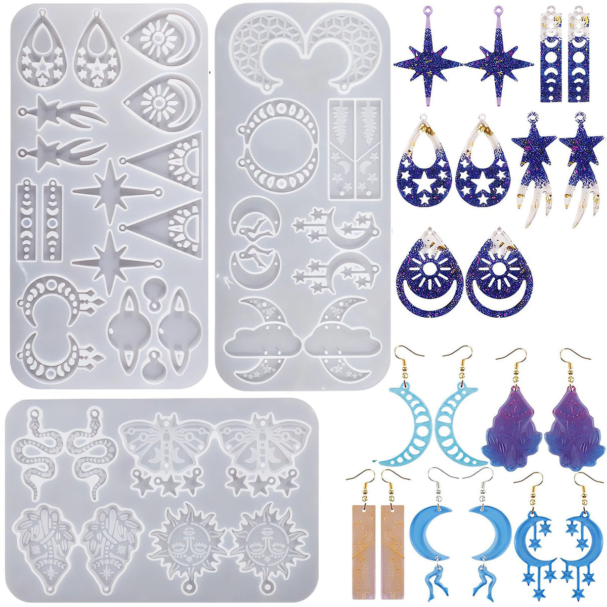 Szecl 3Pcs Moon Star Earring Silicone Mold with Hole 36 Cavities Astral Butterfly Snake Astronomy Cloud Sun Shape Resin Casting Mold Keychain Necklace Pendant Handmade DIY Craft Jewelry Making Tool