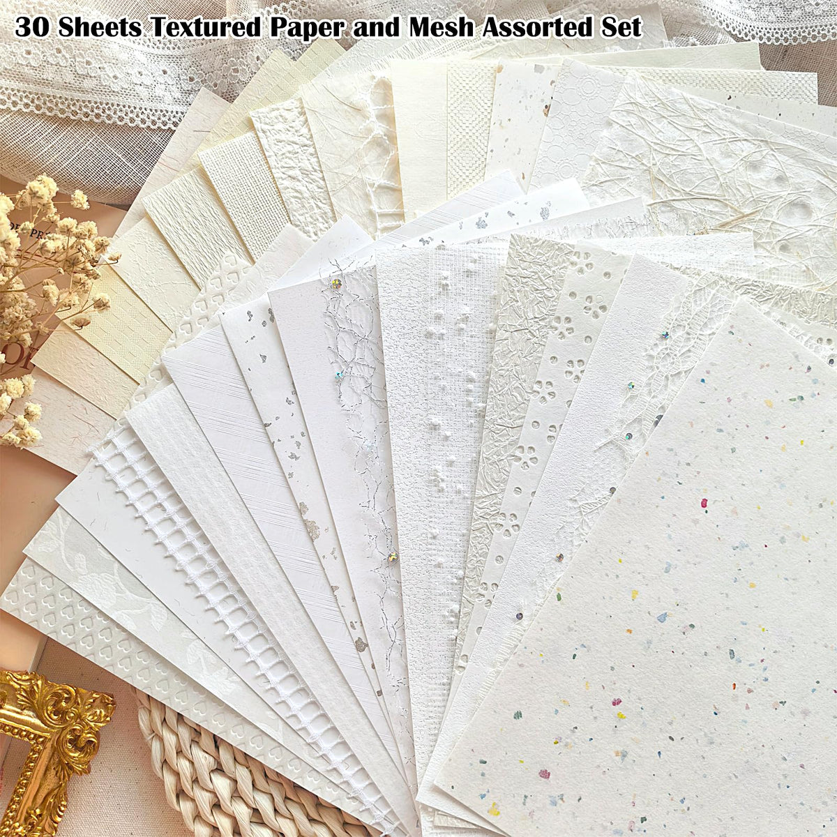 Flartmo 30 Sheets A5 White Textured Scrapbook Paper and Mesh Fabric Mix, Scrapbook Supplies for Junk Journaling, Scrapbooking, Card Making Supplies, Decorative Paper for Crafts & Mixed Media Art