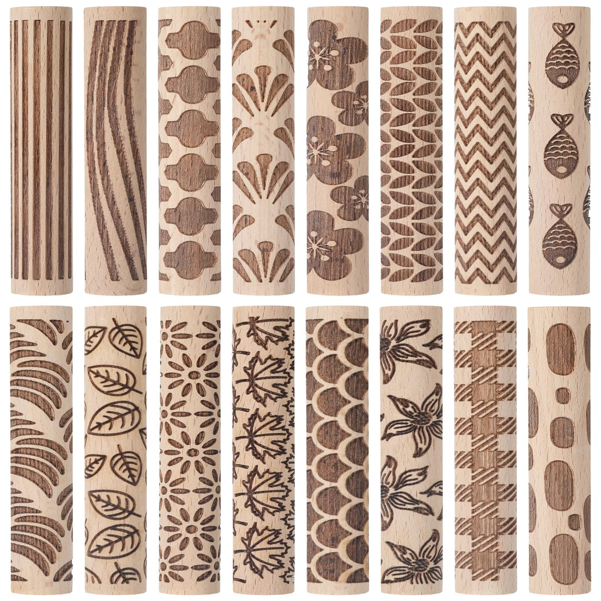 Conderyang 16Pcs Wooden Clay Texture Roller Set Clay Modeling Pattern Rollers Wooden Texture Rollers Wood Pottery Tools Pottery Tool Set for Artists Art Creation Ceramic DIY, 4In x 0.6In（Style 1)