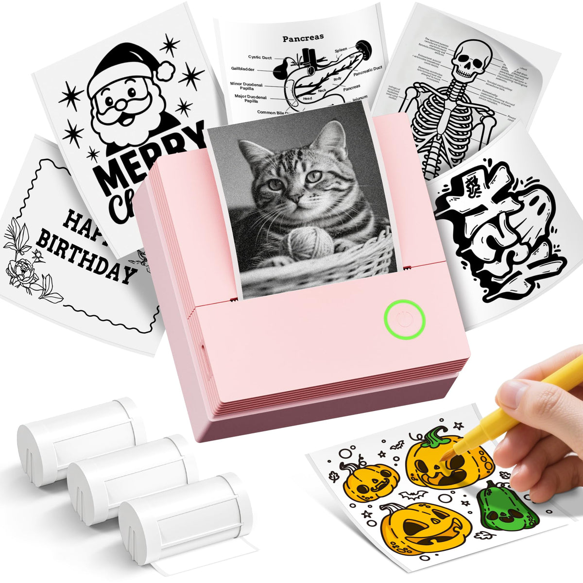 ETIKEZ Sticker Printer, PM290C Portable Mini Printer, Inkless Bluetooth Sticker Maker with 3 Rolls Paper, Impresora Portátil for Notes, DIY, Gift, Smart AI APP, Print Pod for Office, Pink 1pack