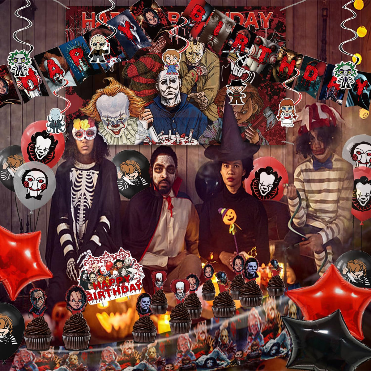 Mtgluk Horror Birthday Party Decorations Kit – 38 Pcs Halloween Themed Supplies with Banner, Backdrop, Tablecloth, Balloons & Cake Toppers for Spooky Celebrations