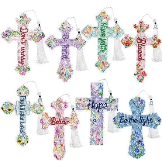 INCOK Cross Diamond Painting Bookmarks - 8PCS 5D Diamond Art Bookmark Kits with Tassel Bible Verse Rhinestone Page Marks Inspirational Christian Bookmarks for Reading Lover Book Decor DIY Crafts Gift