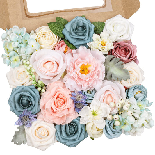 AmyHomie Blue Pink Artificial Flowers Combo Silk Mix Peony Rose Hydrangea Daisy Fake Flowers w/Stem for DIY Wedding Bouquets Centerpieces Arrangements Table Decor Party Bridal Baby Shower Home Decor