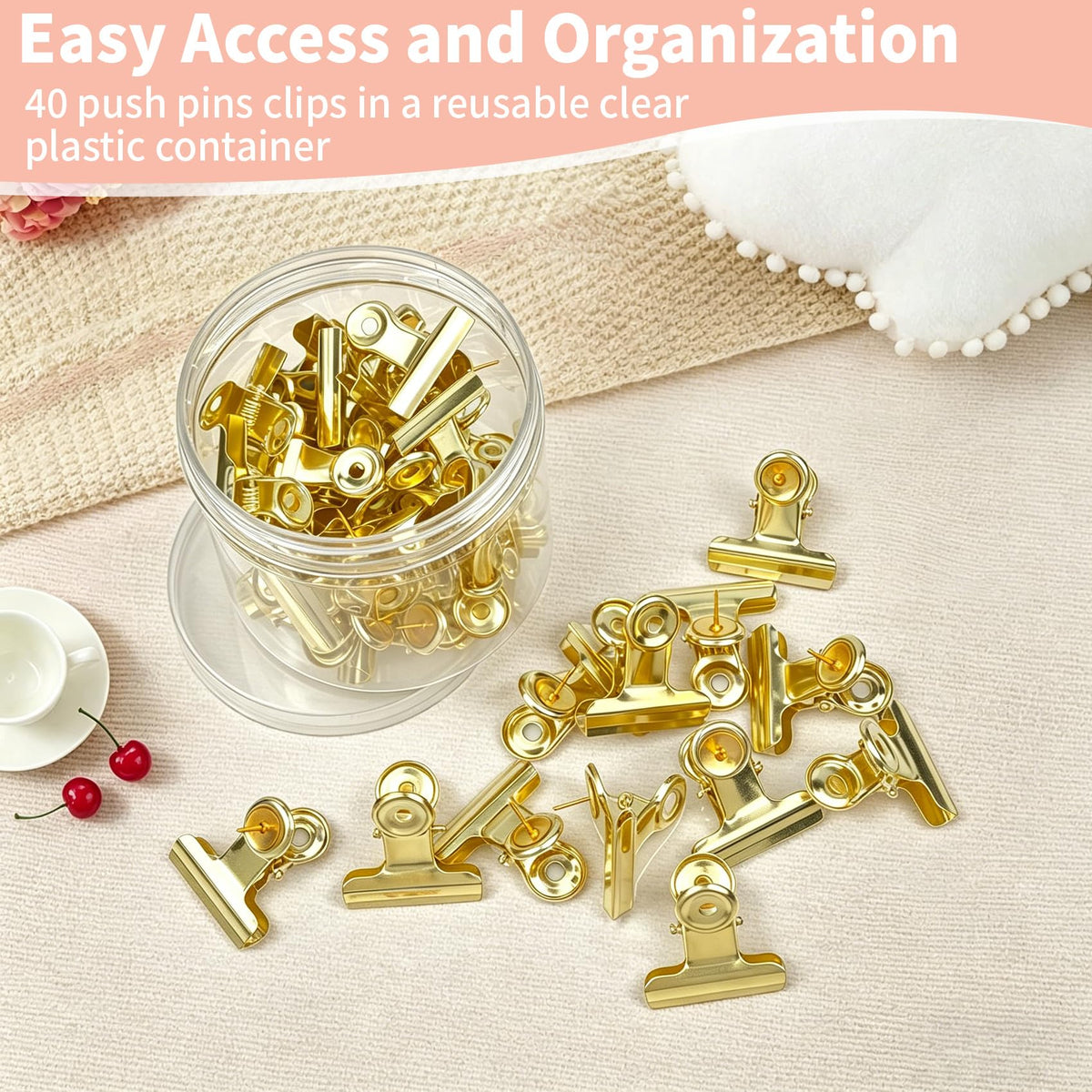 VYNFLICK Gold Push Pin Clips - 40 Pack Thumb Tacks with Metal Clips for Cork Board Bulletin Board, No Hole Paper Clips for Photos Notes Documents, Decorative Office School Supplies