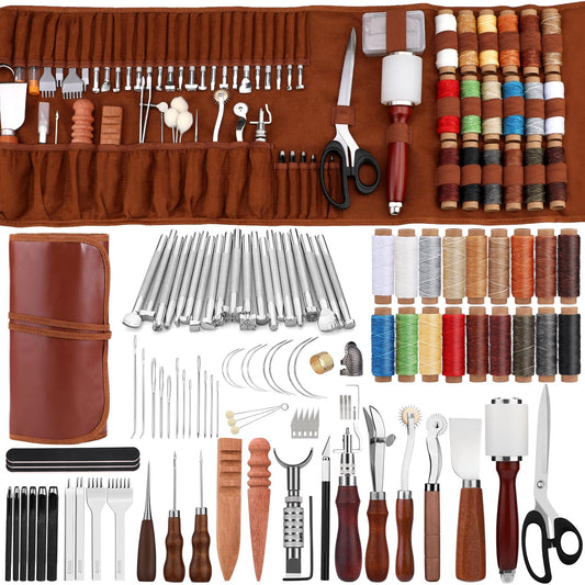 TLKKUE Leather Working Tool Leatherworking Tool Kit with Custom Storage Bag for Carving Punching Sewing Stamping, Essential Supplies for DIY Leather Crafts