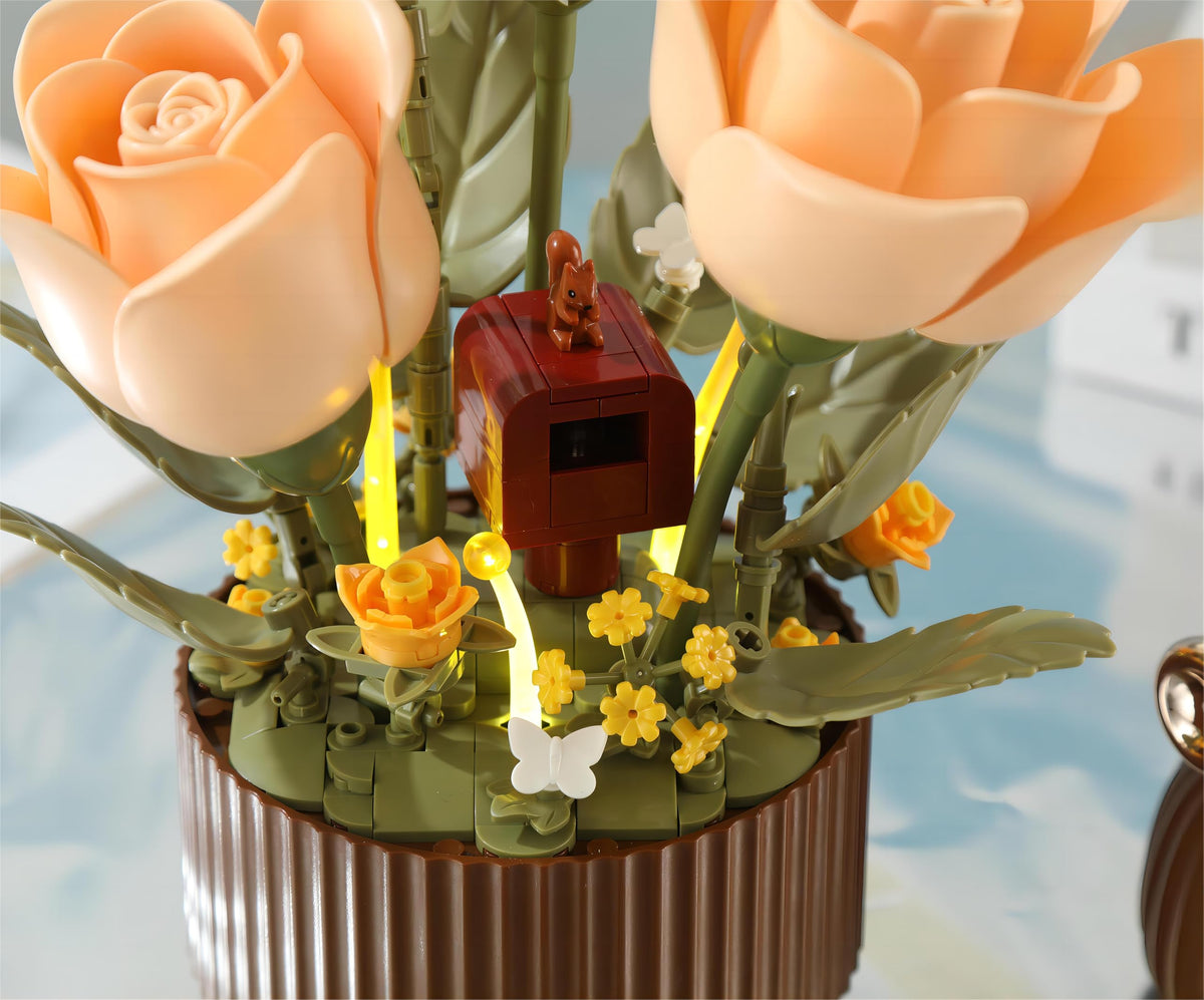 Yushinv Electric Flower Bouquet Building Set with Remote Control Spray-Bottle, 255 PCS,Original Music (Type :Symphony) Motorized Roses Flowers STEM Construction Kit, Automatic Blooming Bouquet
