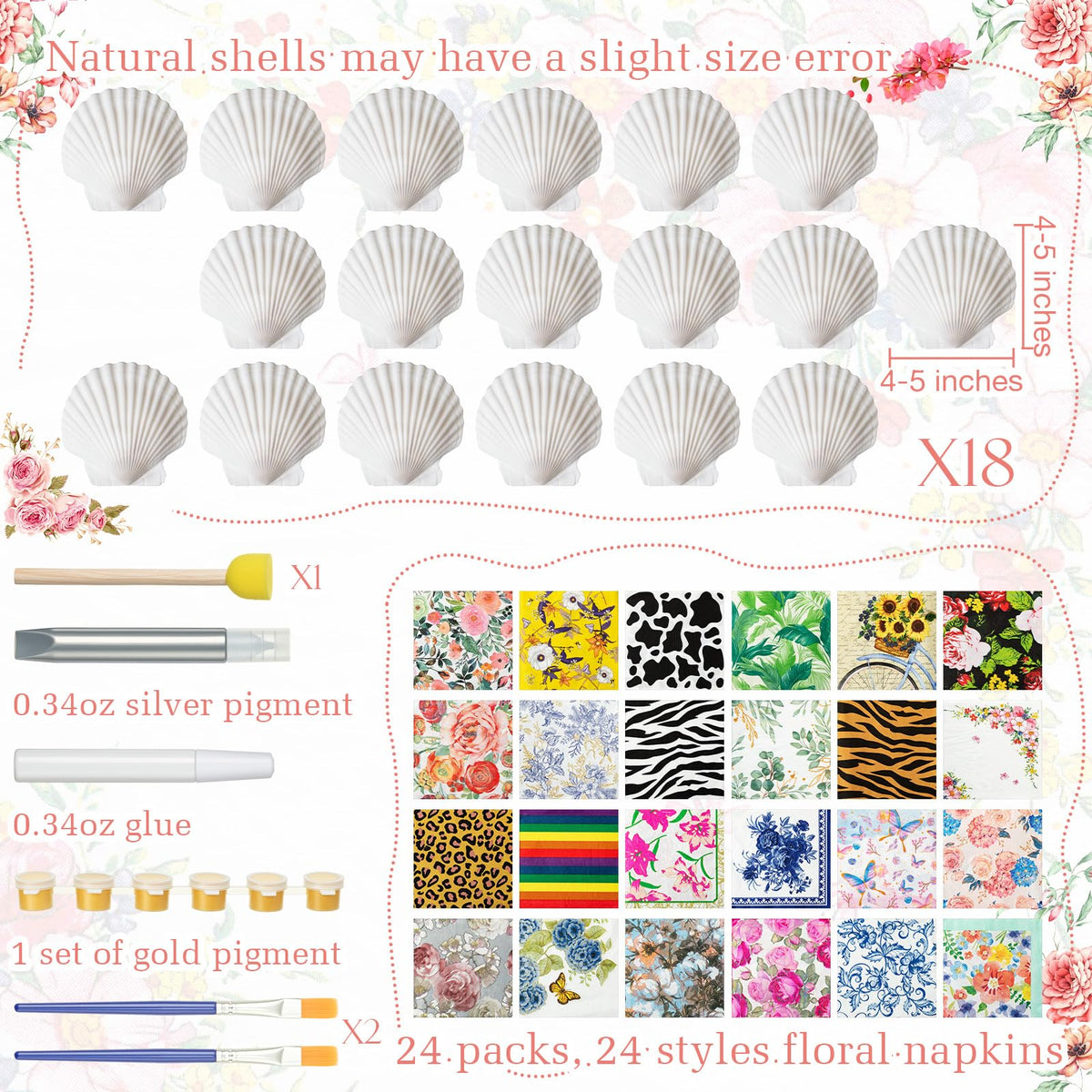 Crtiin 48 Pcs Decoupage Kits, 18 Pcs 4'' White Scallop Shells, 24 x Assorted Decoupage Paper Napkins with Glue Paint Strips Pigments and Paint Brushes for Home Decor Ornaments DIY Arts Crafts (Fun)