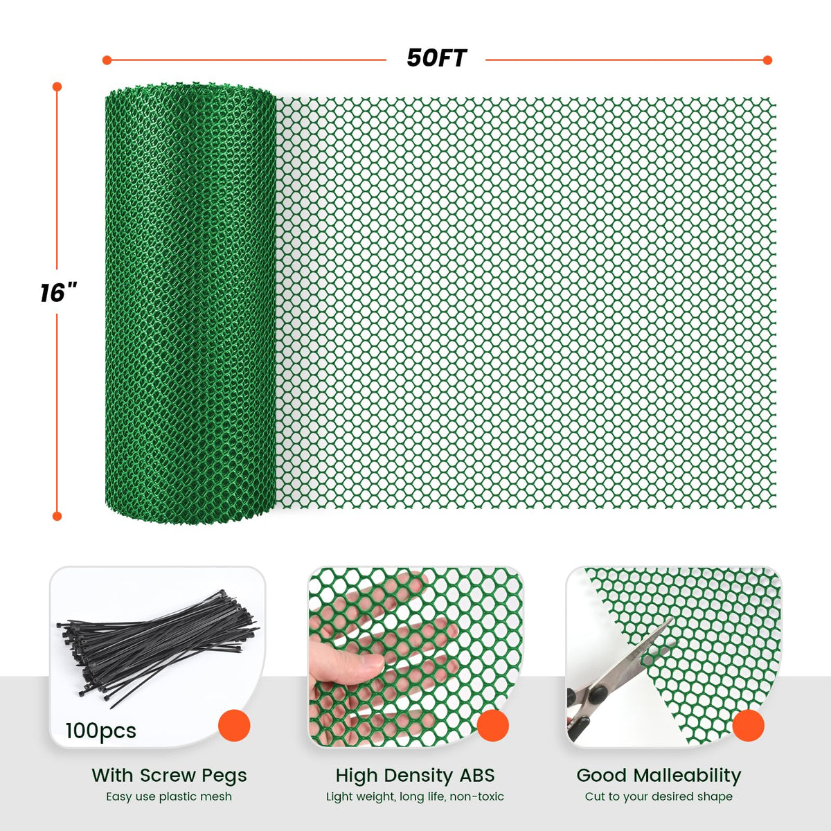 Toolterritary 16IN x 50FT Plastic Chicken Wire Mesh, Chicken Wire for Floral Arrangements, Chicken Wire Mesh for Crafts with 100 Pcs Zip Ties, Mesh Fence for Dogs, Deers, Poultry