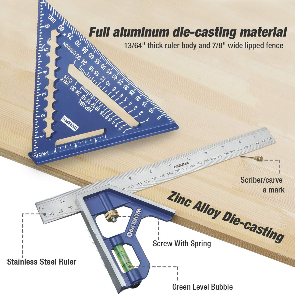 WORKPRO Aluminum Alloy Carpenter Square and Zinc-Alloy Square Ruler Set - 7 in. Rafter Layout Tool and 12 in. Combination Square Combo