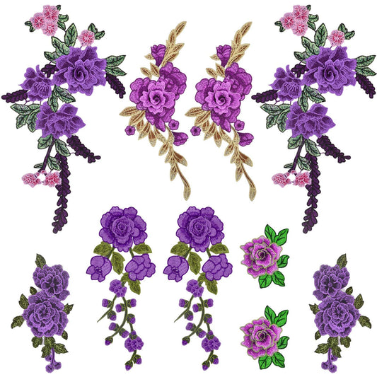 10pcs(5 Pairs) Sew On Embroidered Flower Patches Purple Flower Embroidery Appliques Clothing Accessories for DIY Jeans Dress Hat Bag Clothes Sewing Crafts, 5 Styles