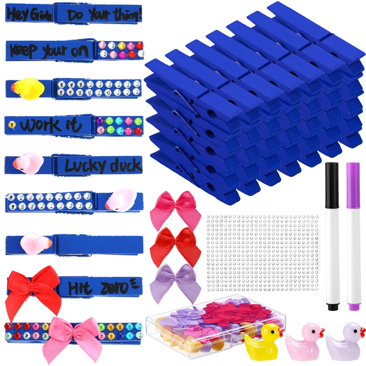 Dingion 60 Set Cheer Pins Spirit Clips Include 60 Wooden Clothes Pin Resin Ducks Bows Self Adhesive Glitter Sticker Pen Glue Ribbon for DIY Cheer Accessory Schoolbag Decor Team Craft Gift(Blue)