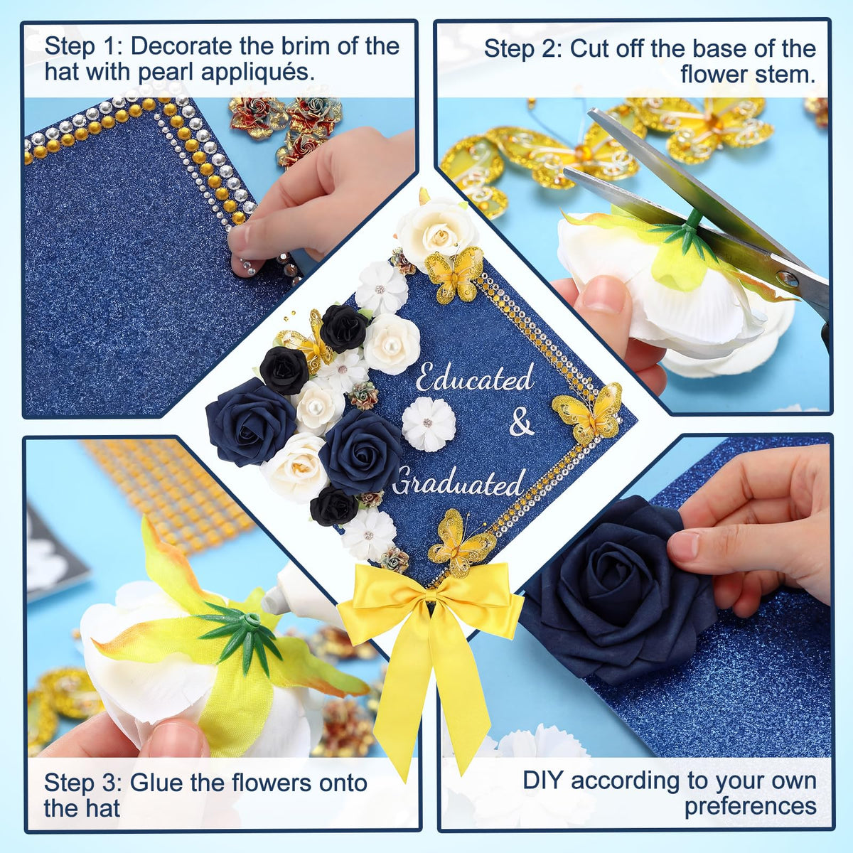Knitgrip 33 DIY Graduation Cap Decorations Kit Blue 2026 Grad Cap Decor with Bow 3D Butterfly Faux Flowers Self-adhesive Rhinestones Letter for DIY Educated and Graduated Grad Hat Topper