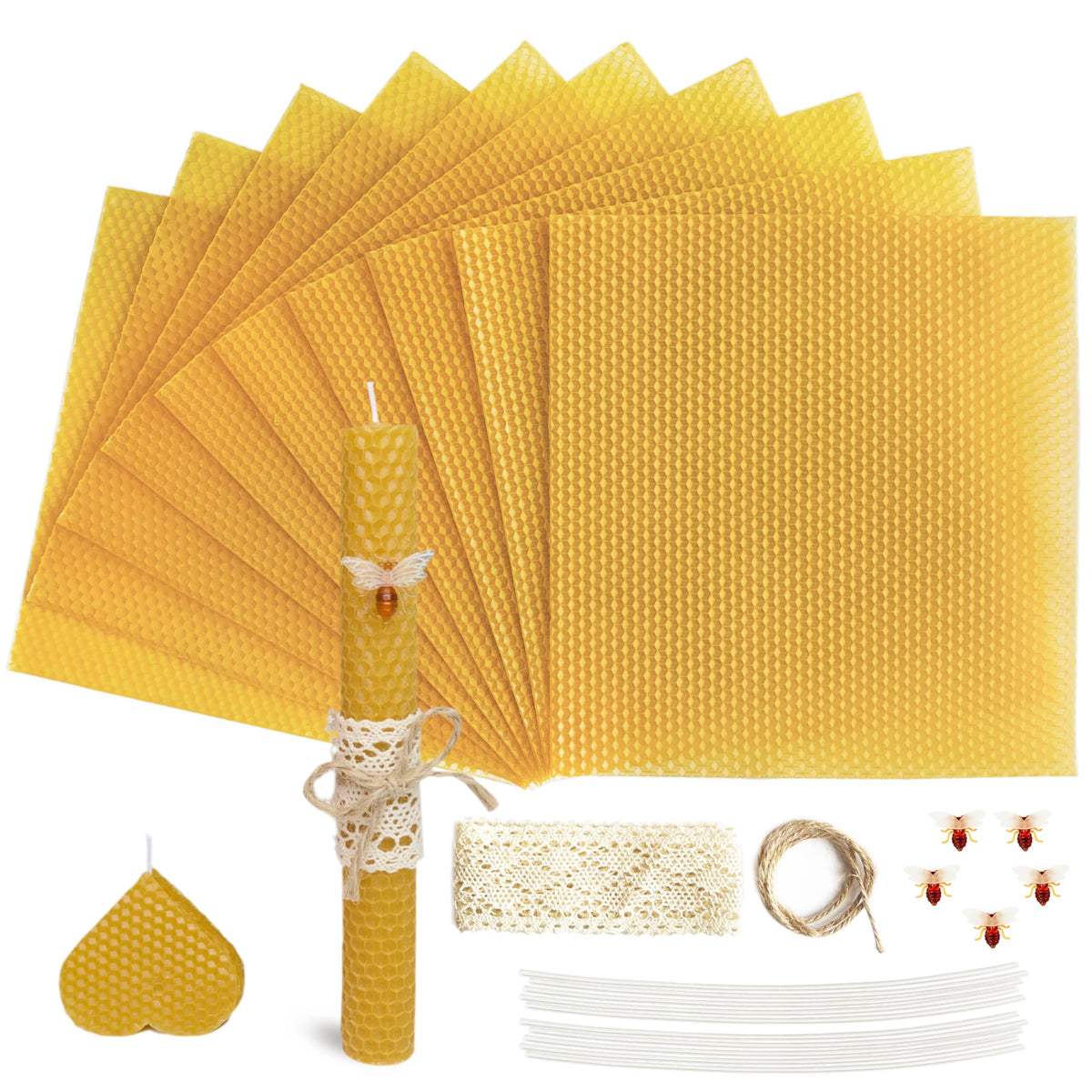 Lacaser Beeswax Candle Making Kit, 10pcs 8"x 8" 100% Beeswax Sheets for Candle Making -Include Bee Ornaments, Lace, Cotton Wicks & Hemp Rope, DIY Candles Making Supplies