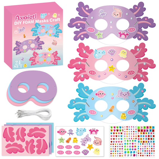 FoszaSzept Axolotl DIY Mask Craft Kit, 24Pcs Sea World Foam Axolotl Face Mask with Diamond Stickers, Make Your Own EVA Animal Birthday Party Favors for Kids School Classroom Art Activity Project