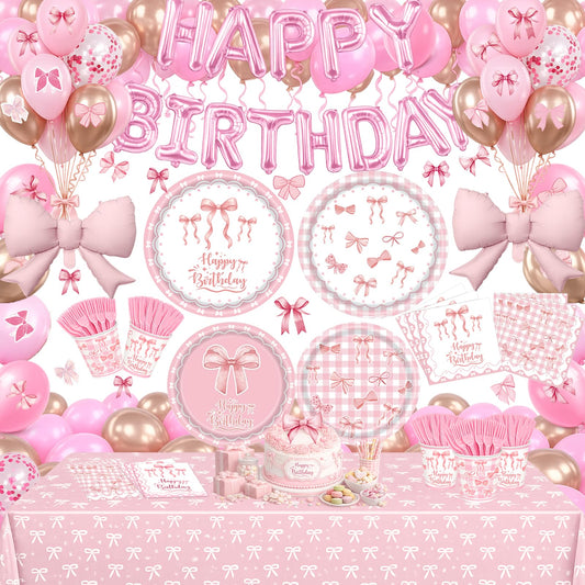 219 pcs Pink Party Decorations Set with Bow Theme, Plates, Napkins, Cups, Cutlery, Balloons, Happy Birthday Foil Banner, Bow Foil Balloons, Tablecloth, and Stickers, Serves 24
