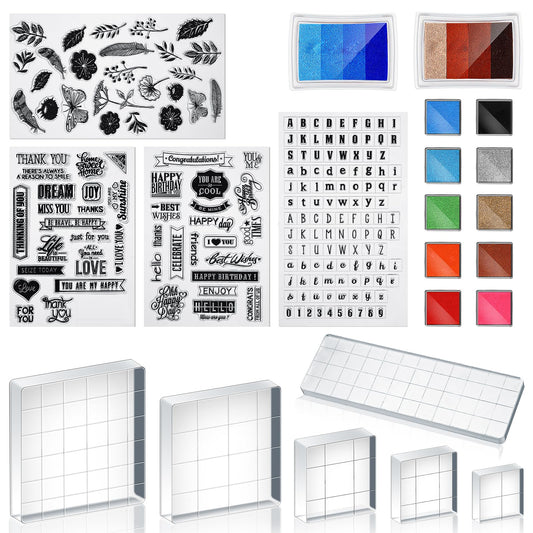 Zonon 22 Pieces Acrylic Stamp Blocks Tools Set Include 6 Clear Stamp Blocks, 4 Transparent Silicone Seals, 12 Craft Ink Pad for Scrapbooking Card Making