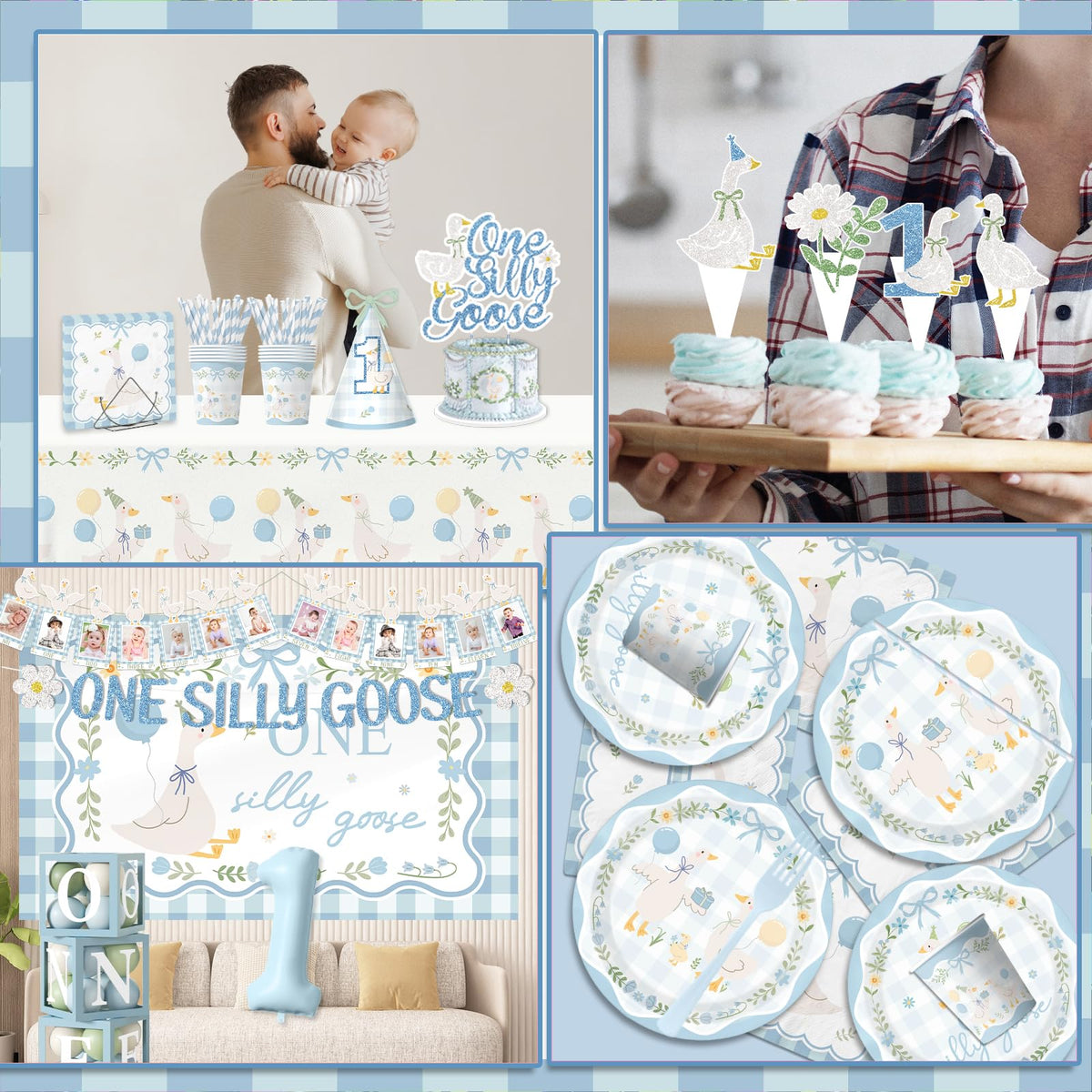 One Silly Goose Birthday Decor Boy, 270Pcs Blue Silly Goose First Birthday Decorations Kit include One Silly Goose Banner,Backdrop,Balloon Arch,Boxes,High Chair Banner,Bow Cupcake Toppers,Tableware