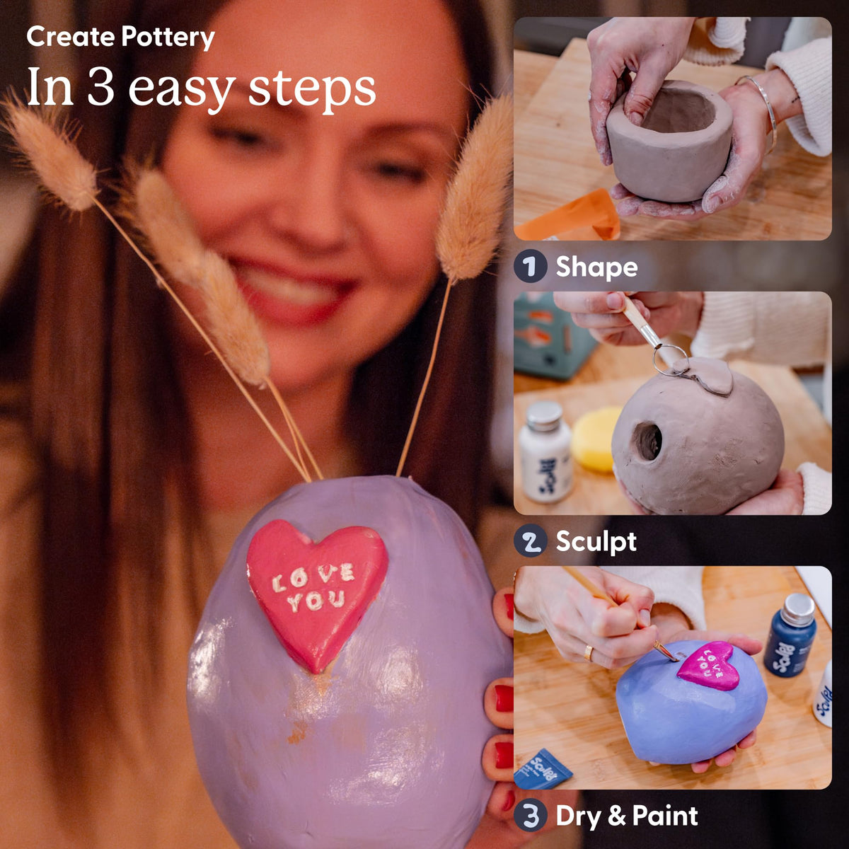 Sculpd - The Original Pottery Kit for Adults - Air Dry Clay for Adults, Tools, Varnish, Paints, Brushes, Couples Date Night Arts & Crafts Set, Matte Varnish