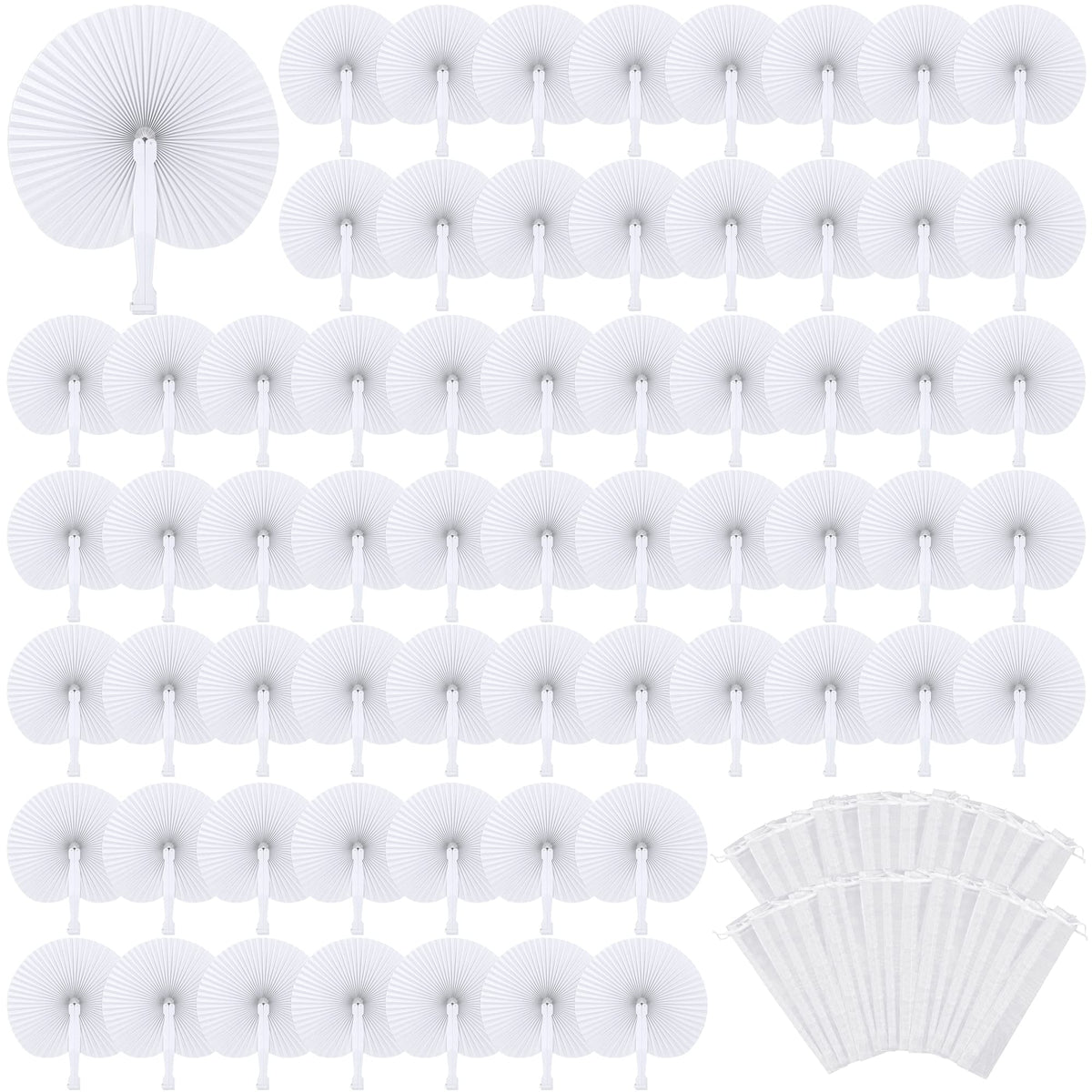 MCEAST 100 Pack Wedding Paper Fans Handheld Folding Fan White Round Shaped Folding Paper Fans Handheld Fan with Plastic Handle and Bags for Wedding Birthday Party Favors Supplies Home Decor