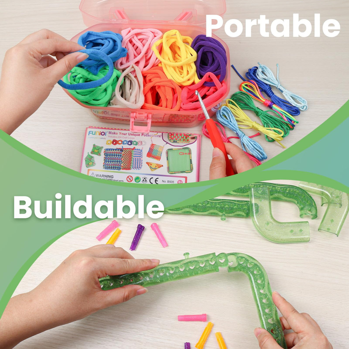 FUNiOi Weaving Loom Kit Toys for Kids, DIY Crafts Projects of 6 Potholders and 10 Friendship Bracelets, 2-in-1 Square Buildable Loom Knitting Kits, Gift Ideas for Girls 6-12 Years Old
