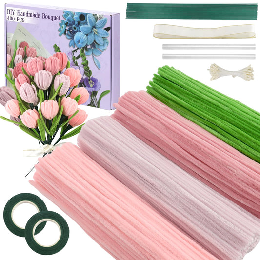 400 Pcs Pipe Cleaners Craft,4 Assorted Colors Pipe Cleaners Bulk, Chenille Stems for DIY Flower Making Kit with Floral Wires, Gardening Tape,Stamen& Ribbon (Pink)