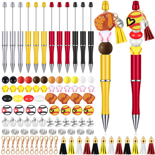 Jutom 12 Pcs Sports Beadable Pens Plastic Baseball Bead Pens Included 50 Pcs Colorful Beads 12 Tassels 12 Pendants Assorted Colors Bead for Gifts School Office DIY Making Kit Supplies