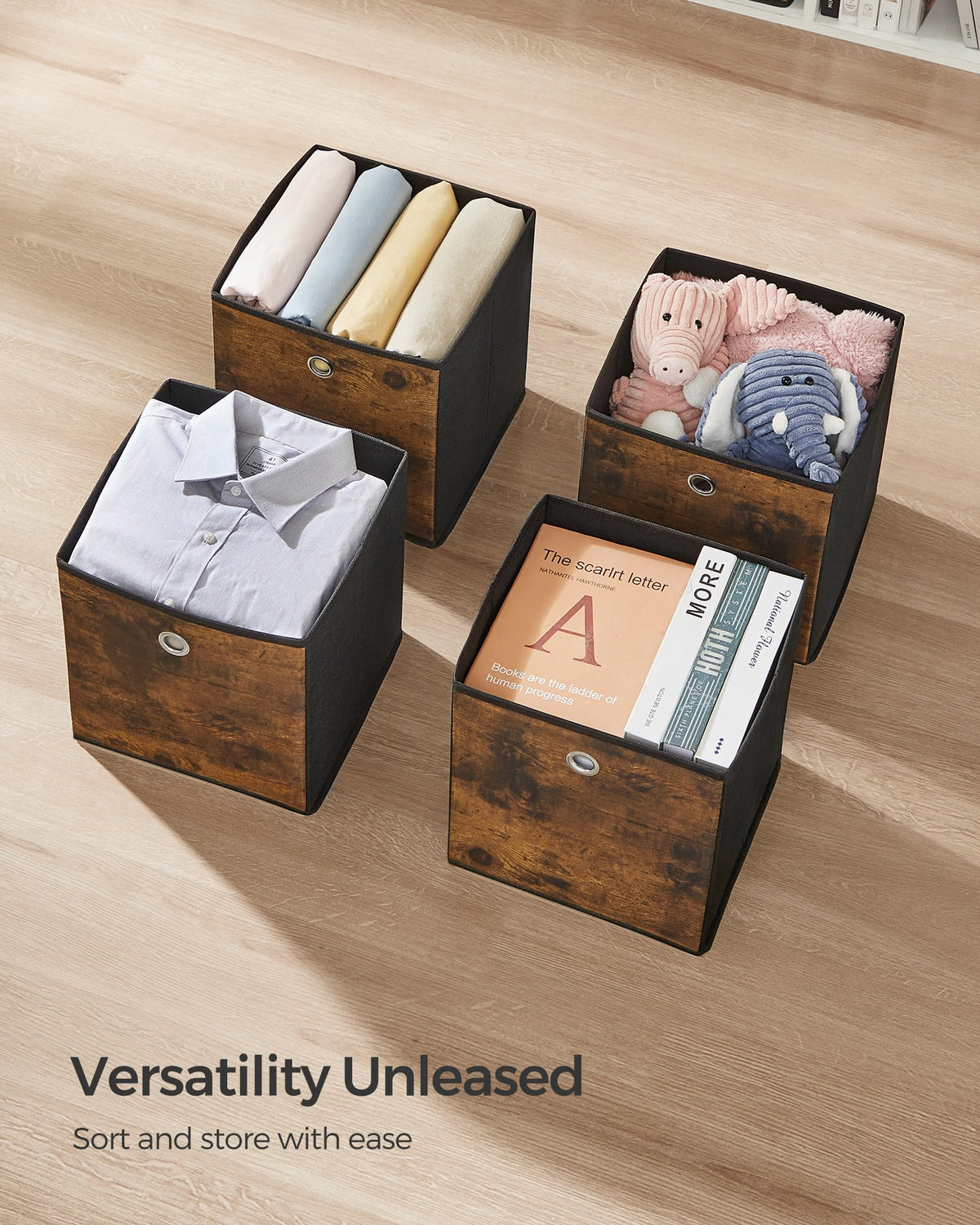 SONGMICS Storage Cubes, Set of 6 Storage Bins with Handles, Foldable Oxford Fabric and Non-Woven Fabric Storage Boxes, 10.2x10.2x11 Inches, Fit Cube Storage Unit, Rustic Brown URFB126B01