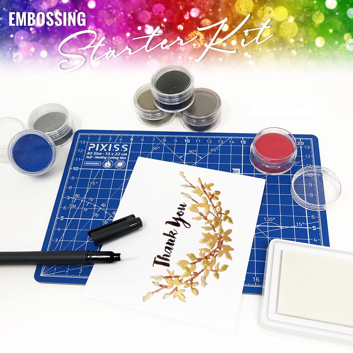 Embossing Kit with Heat Tool Bundle, Embossing Powders, Complete Embossing Starter Kit, Clear Embossing Pen, Embossing Ink Pad, 8X 10ml Embossing Powders for Crafts
