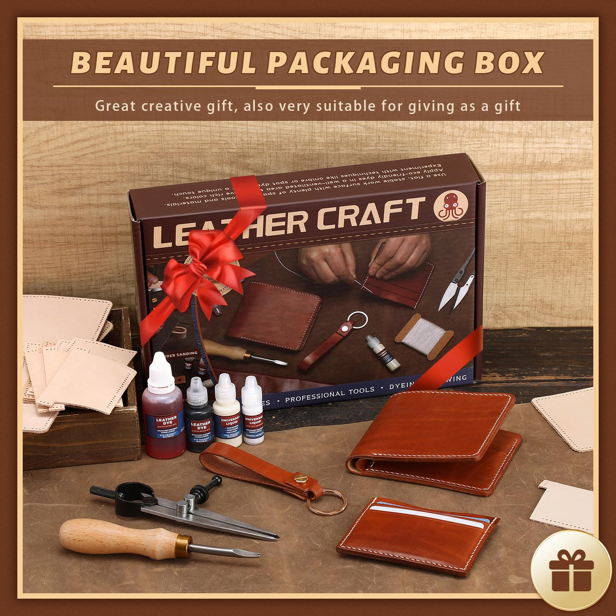 CBHGFEA 51-Piece Leather Working Kit: CBHGFEA Craft Tools Set with Edge Beveler Vegetable Tanned Leather Compass Wax Thread Video Tutorials for Wallets Card Holders and Keychains Crafts for Adults
