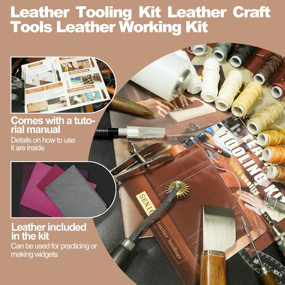 EDIETH Professional Leather Craft Tools Kit Leather Working & Tooling Set with High-Carbon Steel Stamping, Punching, Sewing, Engraving Tools, Custom Cutting Mats for Leathercraft Projects