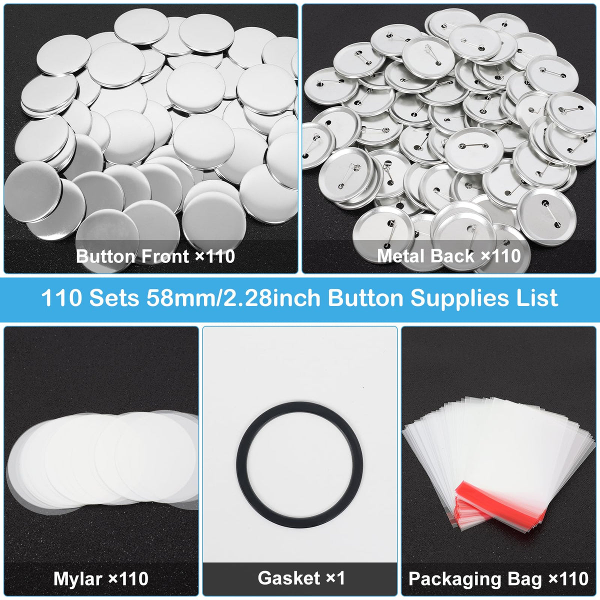 110 Sets 58mm / 2.28 inch (Approx. 2.25) Button Maker Supplies, Blank Pins Buttons Press for DIY Badge Maker Machine, Parts to Create Custom Pins