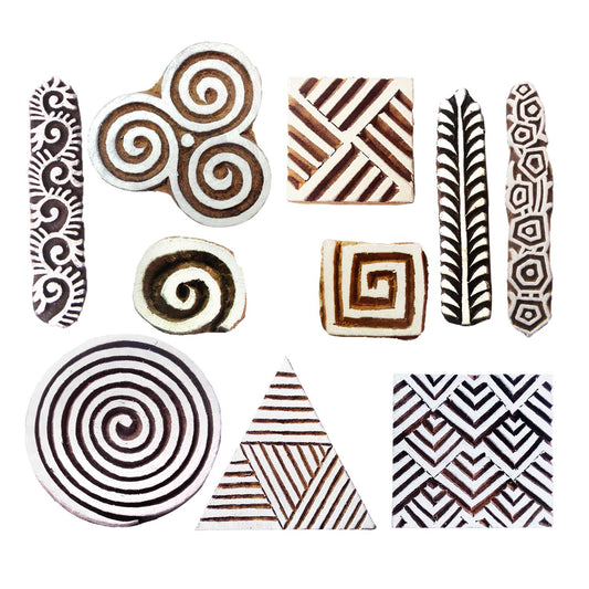 Royal Kraft Wooden Stamps for Block Printing on Saree Border, Textile, Clay, Pottery, Tattoo (Set of 10) MXtag0013