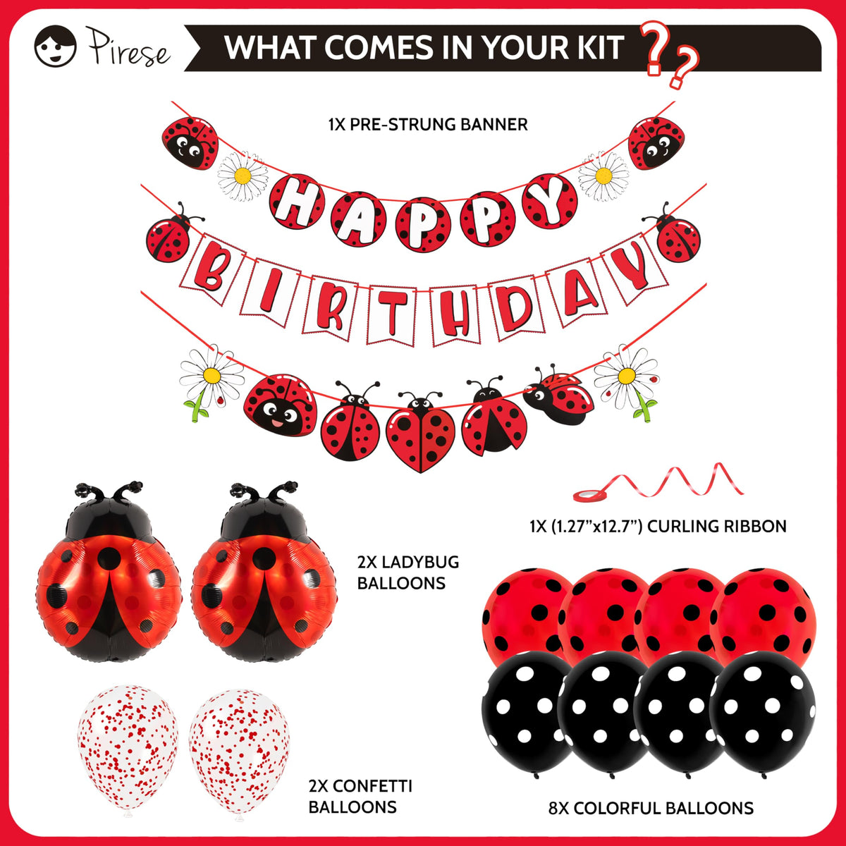 Pirese Ladybug Birthday Decorations, Ladybug Party Banner with Balloons, Pre-Strung Happy Birthday Decor Kit