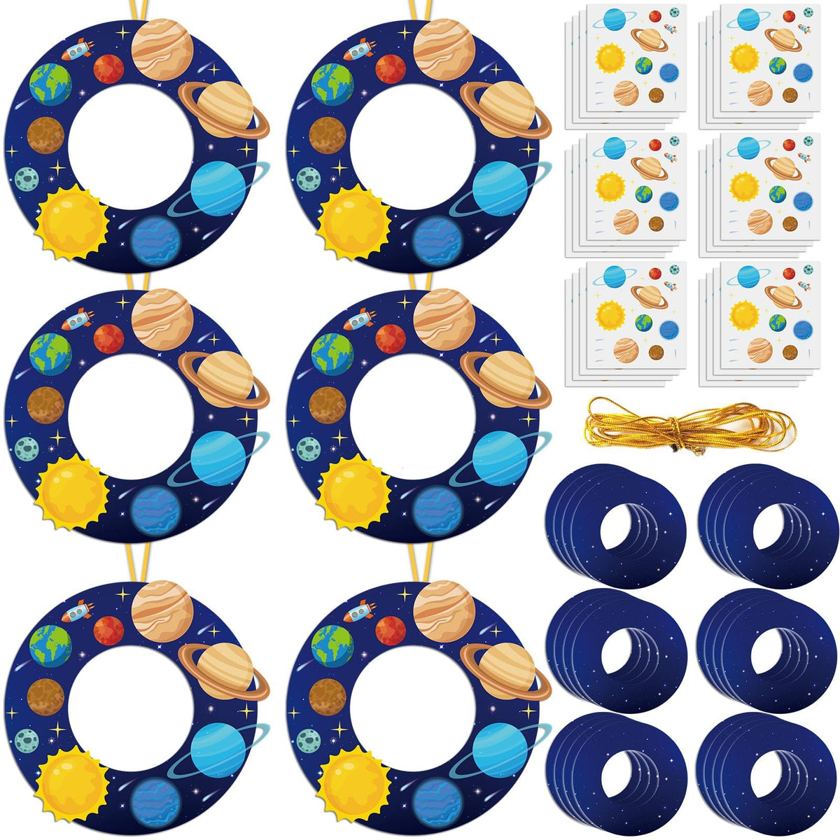 Lonfliness 24 Sets Space Wreath Craft Kits DIY Hanging Decor Solar System Paper Wreath Craft Ornament with Planet Stickers Outer Space Party Supplies for Home School Classroom Activities