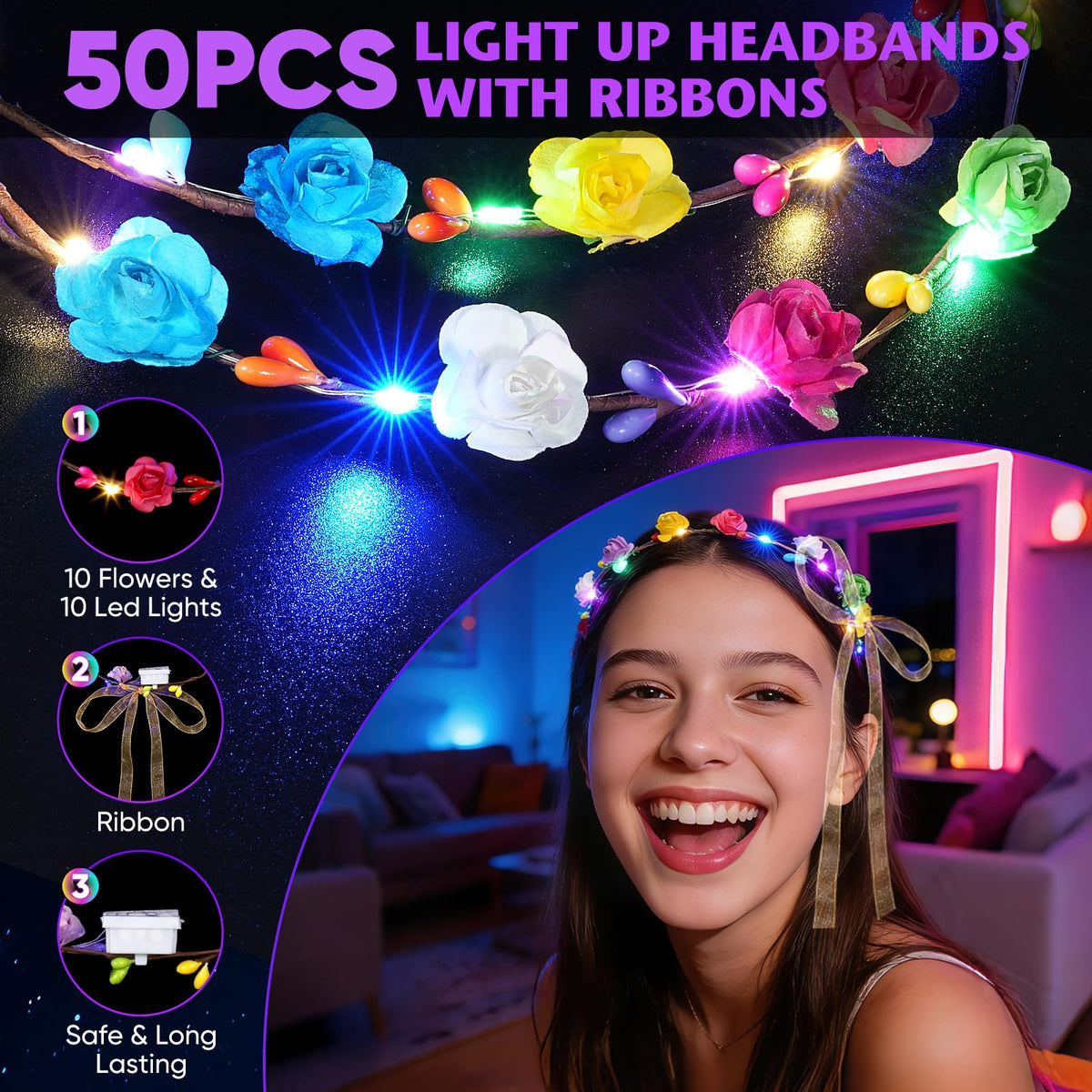 Chicloop 50 PCS LED Flower Crowns Headbands with Ribbons, Light Up Flower Headband for Women, Glow in the Dark Party Supplies for Wedding Birthday Party
