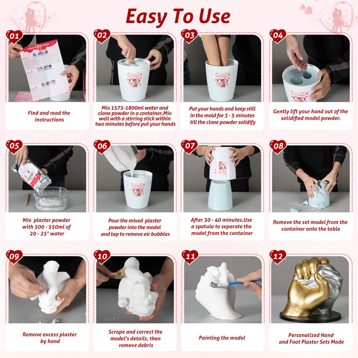 Noosuna Hand Casting Kit for Couples with Base & Paints, Practice Kit, Hand Mold Kit Couples Perfect for Anniversary, Birthday, Romantic Date Night DIY, Unique Gifts for Boyfriend and Girlfriend