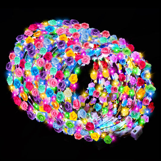HONLYNE 100 PCS LED Flower Crowns Headbands, Light Up Flower Crowns For Women, Glow in the Dark Headband for Wedding Reception Birthday Christmas Mardi Gras Cosplay Princess Party Favors