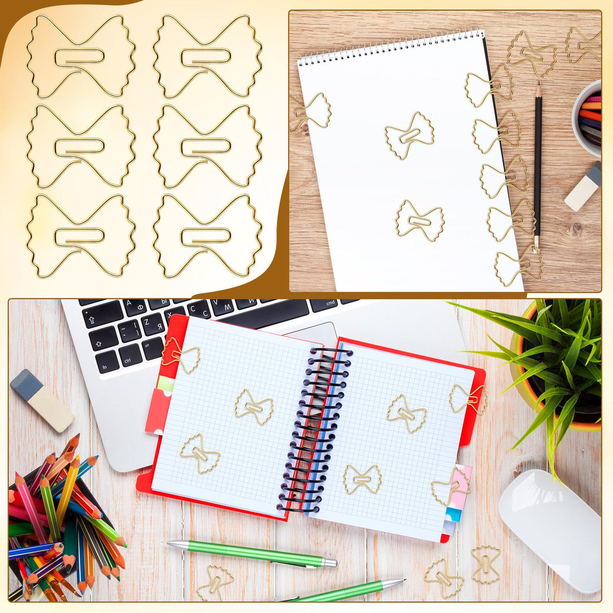 Jetec 100 Pcs Pasta Paper Clip Mini Bow Shaped Stainless Steel Cute Bowknot Paperclips Gold Metal Fancy Decorative Bookmark Bulk for Office Stationery School Document Note Sorting Wedding Baby Shower