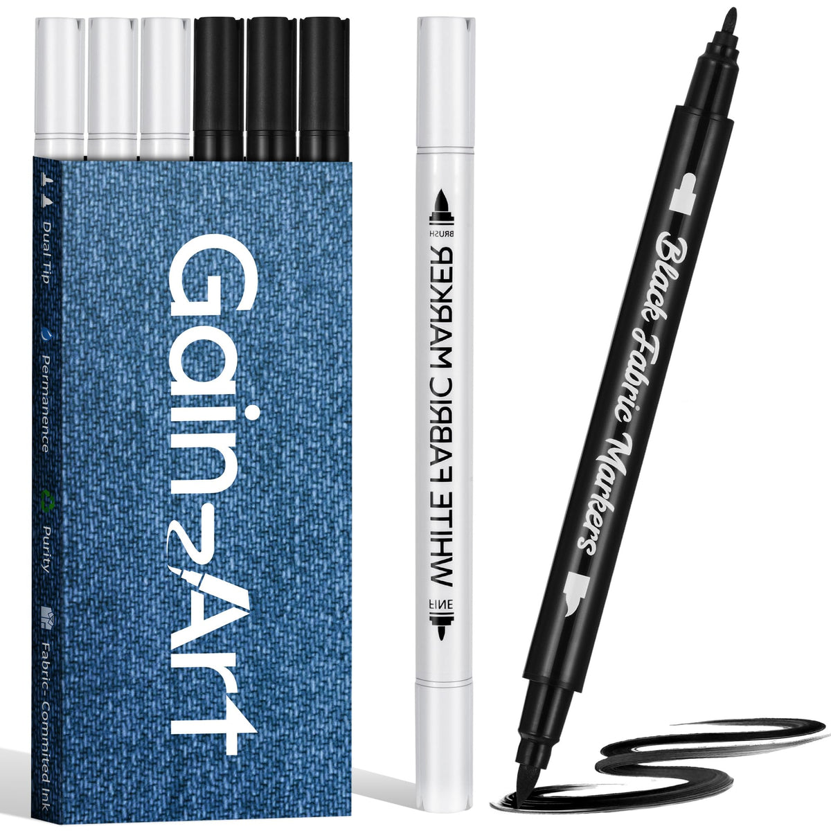 Gain-Art Fabric Marker for Clothes 6PCS, Wash-Resistant, No Bleed, Quick Dry Professional Dual Tip Pen, Permanent Paint for Clothing, Canvas Cover Stains, DIY Art Crafting White &Black