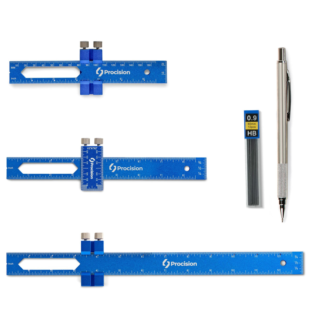 ELEON Precision Woodworking Ruler, Set of 3 (12, 8, 6 Inch) - Precise Woodworking Pocket Tool with Extra Wide 2" Sliding Attachment - Slide T-Square Scribing Kit Plus Mechanical Pencil - Aluminium