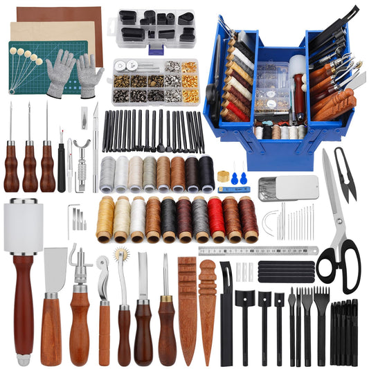 Leather Working Tools Kit, Leather Tooling Kit with Double Layer Storage Box, Heavy Duty Sewing Kit, Professional Working Tools and Supplies for DIY Stamping Cutting Engraving Punching Sewing