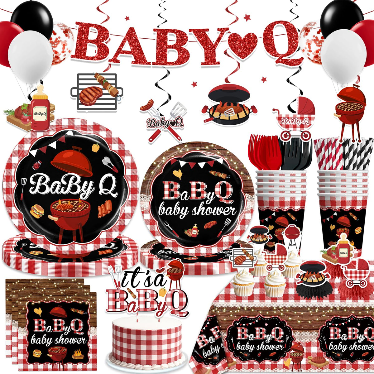 Xynic 213Pcs Baby Q Baby Shower Decorations Tableware Set Severs 25, Baby Shower Decorations Include Banner, Balloons, Tablecloth, Paper Plates, Cups, Cake Topper, Cupcake Toppers