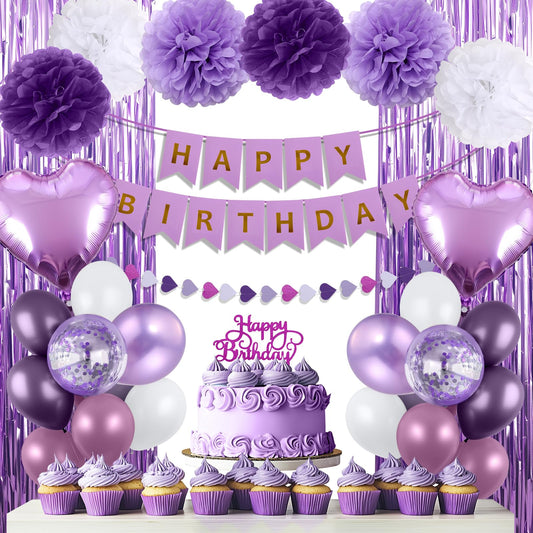 Purple Birthday Decorations for Women, Happy Birthday Party Decorations, Happy Birthday Banner, Purple Balloons, Foil Fringe Curtains, Tissue Paper Pompoms, Heart Garland, Party Decor for Girls