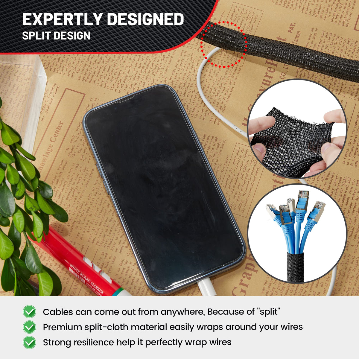 RED WOLF 1/4” x 10FT Cable Sleeves Cord Management Braided Wire Loom Sleeving Protector Wiring Cable Cover Flexible Self-Wrap for Automotive Home Office Anti-Scratch High-Temperature Black
