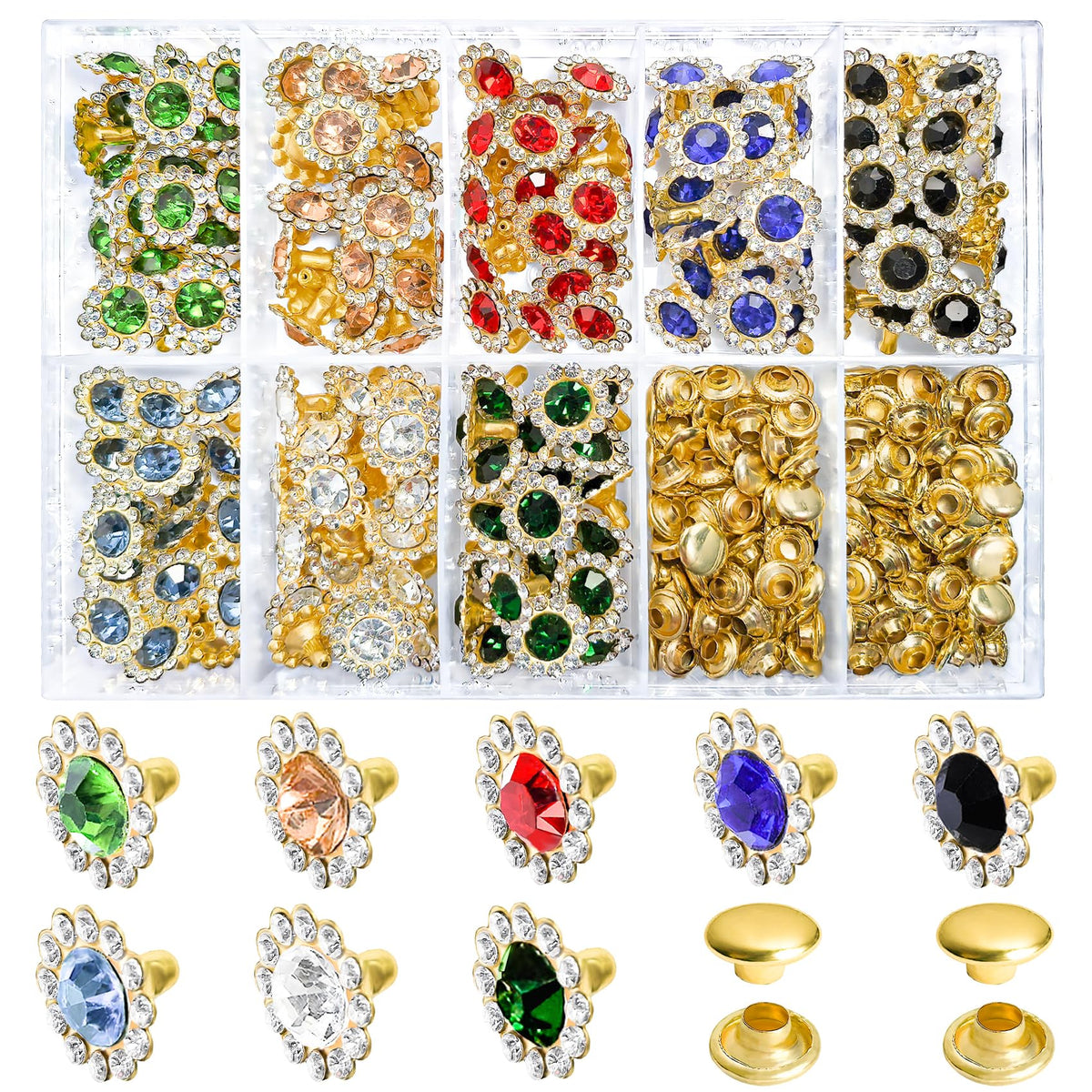 160 Sets Colorful Rhinestone Rivets 11mm Flower Rhinestone Stud Leather Rivets for DIY Bags, Belts, Jackets, Leather Art and Crafts