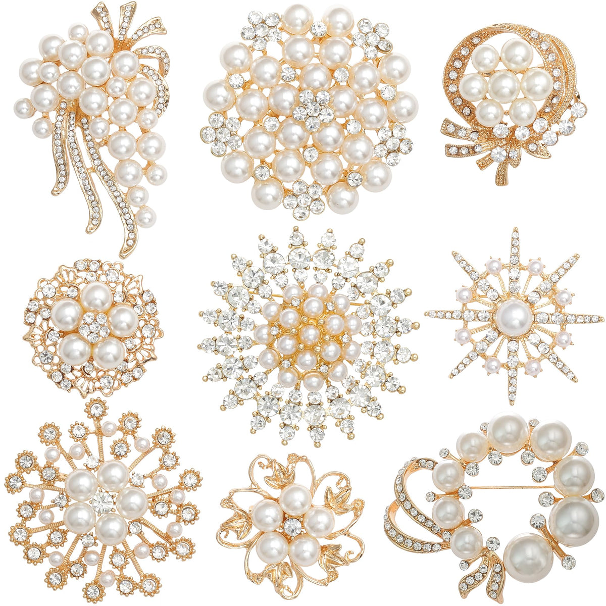 Achairder 9 Pack Gold Crystal Rhinestone Flower Brooch Pin Set for DIY Wedding Party Bouquets Embellishment Crafts Decor