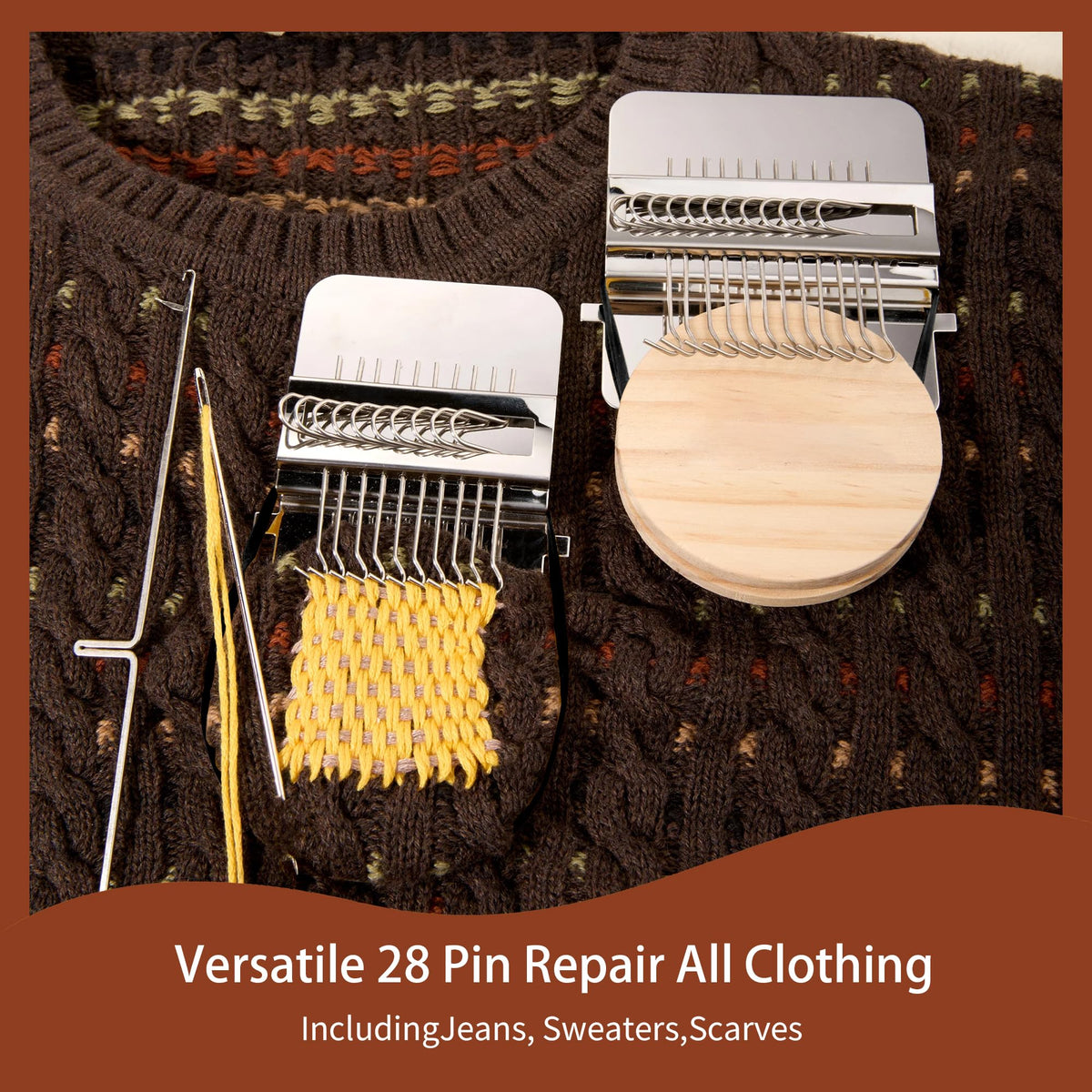 Posyra Darning Loom Kit, Small Knit Patch Maker Tool for DIY Visible Mending of Jeans, Socks & Sweaters, Needle Weaving Sewing Craft Set for Beginners Adults(28 Hooks)