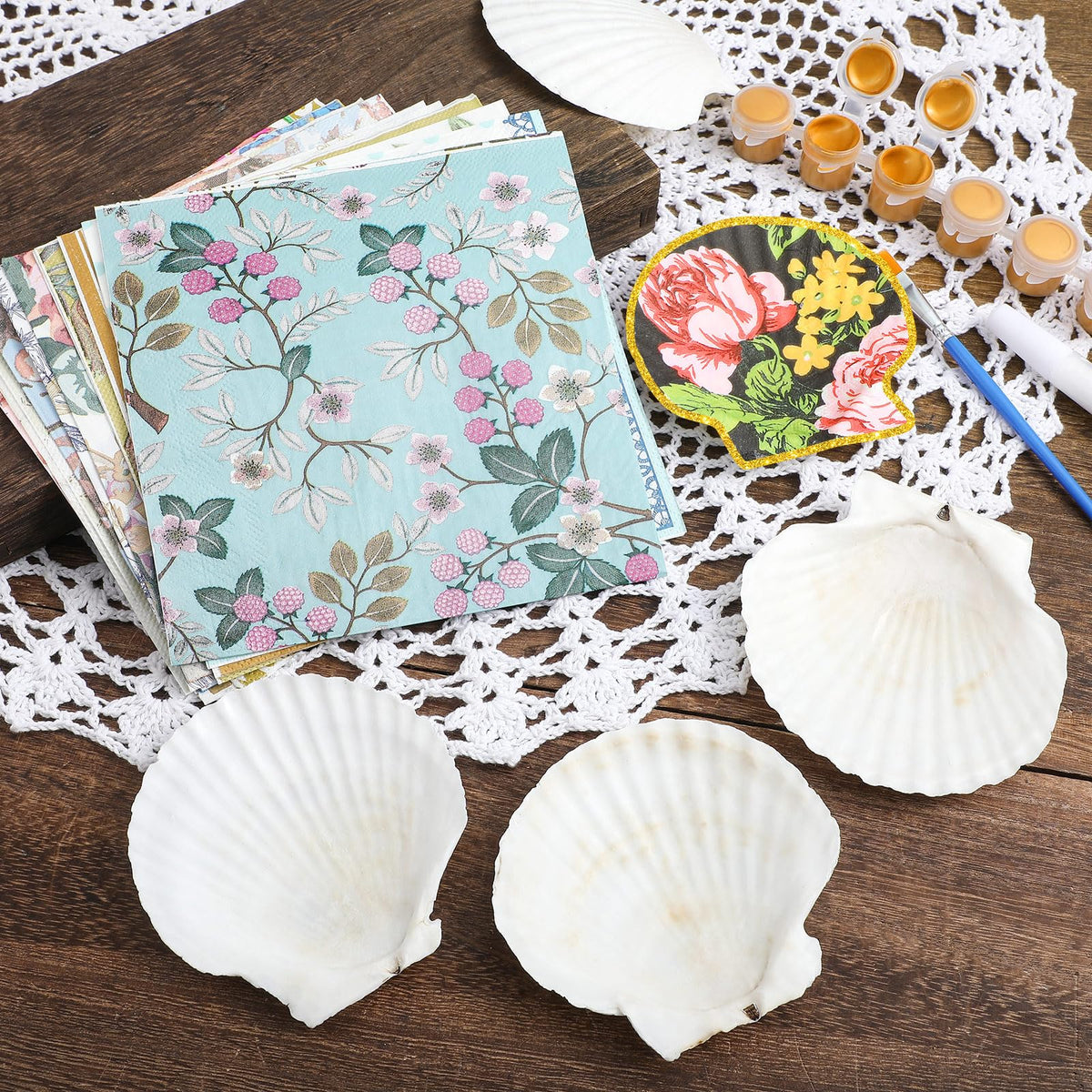 Halloscume 12 Set Scallop Shells for Crafts 4''-5'' White Natural Large Shells with 24 Pcs Decoupage Paper Napkin Acrylic Paint Strips and Brushes DIY Crafts Seashells Ornaments (Colorful Flowers)