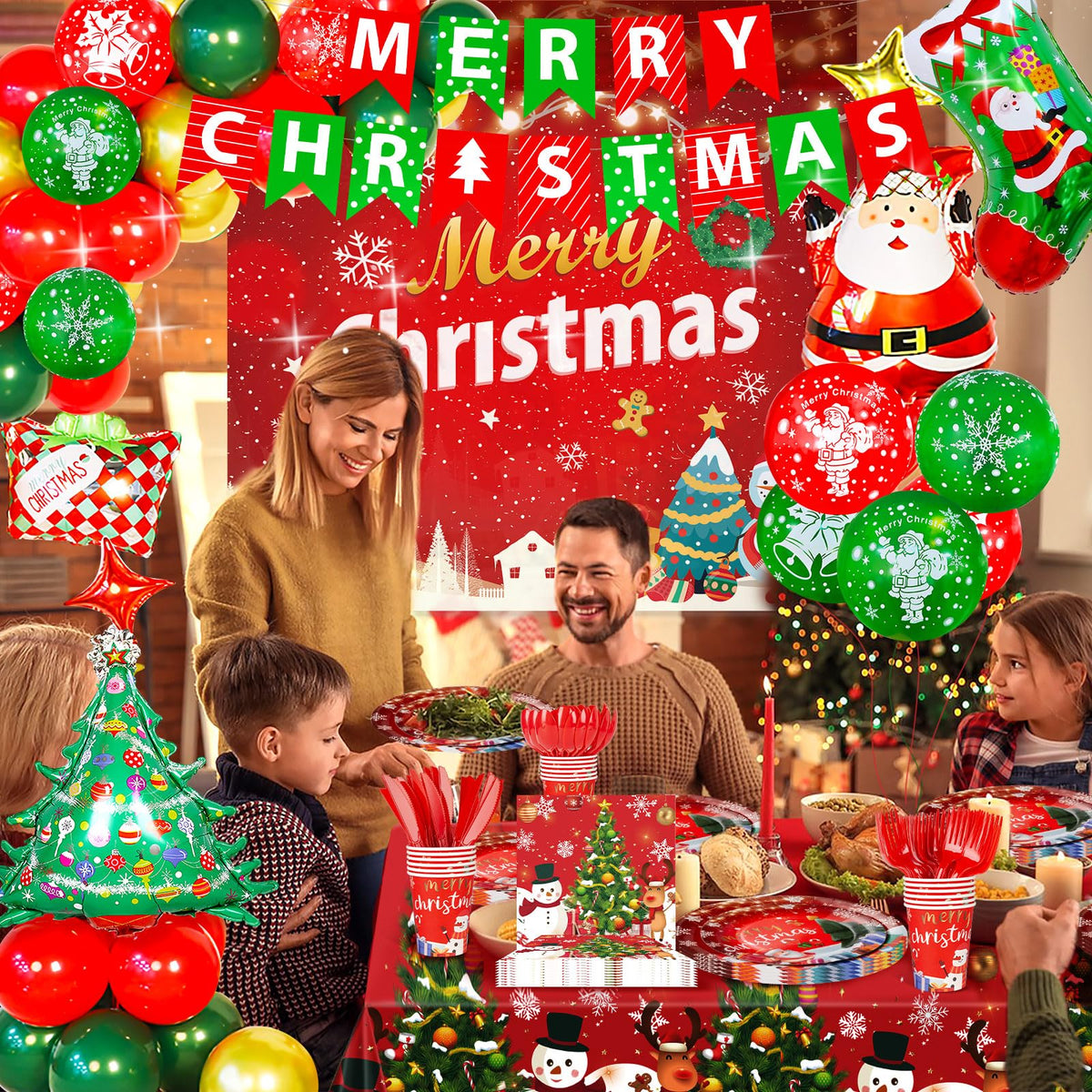 Christmas Party Decorations Xmas Party Supplies Serves for 25-Balloon, Banner, tablecloth, Backdrop, Disposable Paper Plate, Cup, Napkins, Knife, Fork, Spoon